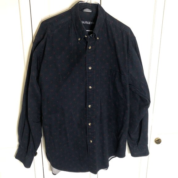 Vtg NAUTICA Shirt M Navy Red Green Pattern Long Sleeve Button Up 100% Cotton USA - Picture 1 of 6